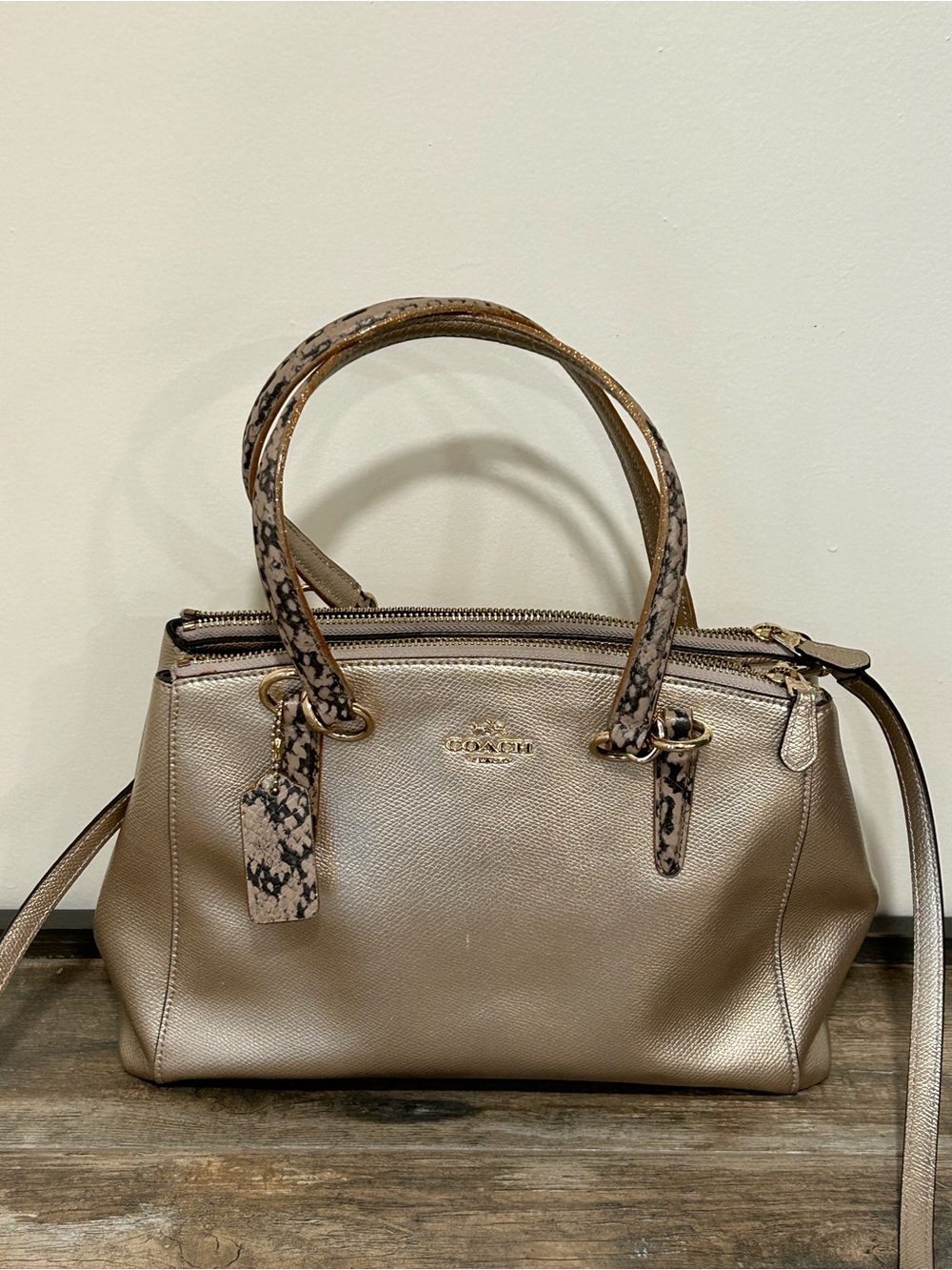 Coach Christie Gold Metallic Snake Embossed Satchel Strap Carry All Purse charm - Picture 3 of 14